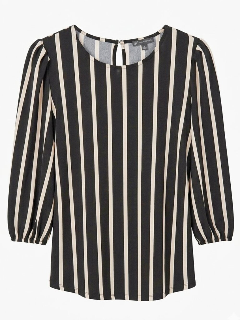 Adrianna Papell Striped 3/4 Balloon Sleeve Blouse - Black & Beige - Size M